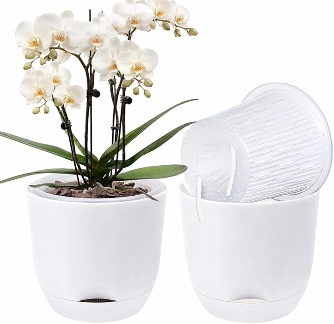 5.7Inch White Orchid Pots with Holes for Repotting, Double-Layer Plastic Self Watering Flower Pots for Indoor Plants with Drainage Holes, Clear Orchid Pot Match Decorative Orchid Container, 1 Pack