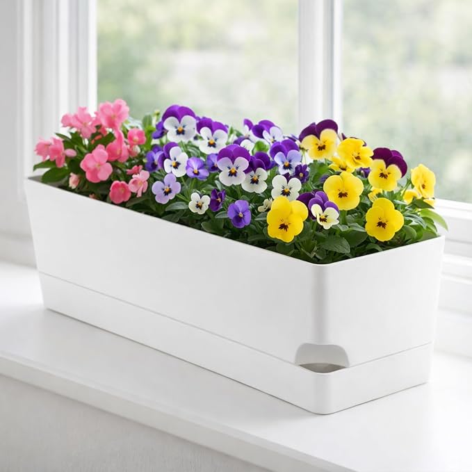 Party Zealot Window Boxes Planters, 3 Pack Self Watering Pots for Indoor Plants 17 Inch Rectangular Planter Rectangle Flower Pots Long Plant Pot Large Window Sill Herb Planter Box, White