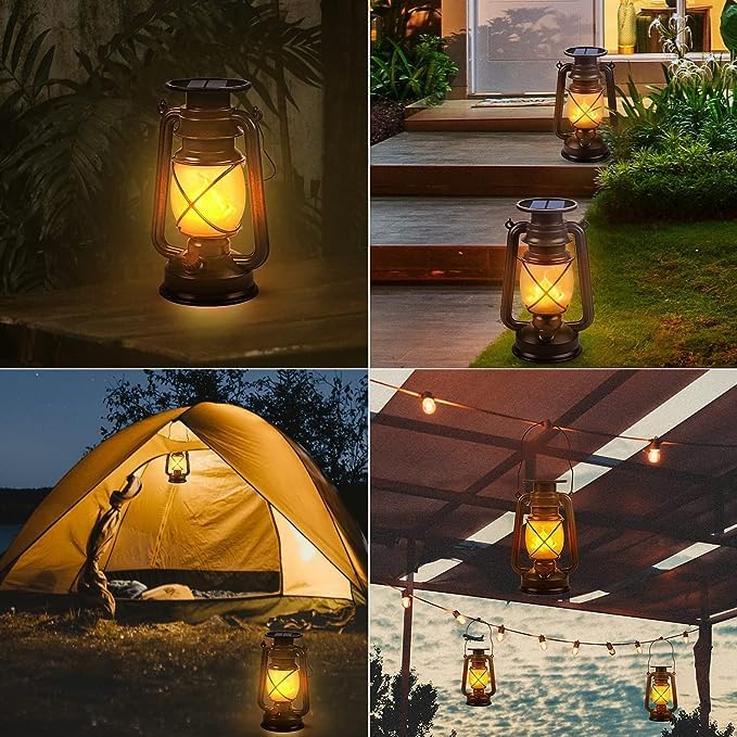 Outdoor Waterproof Solar Lanterns, 2 Pack Vintage Flickering Flame LED Hanging Lights with Auto On/Off, Rustic Solar-Powered Lamps for Patio, Garden, Yard, Deck, Pathway, and Porch Decor
