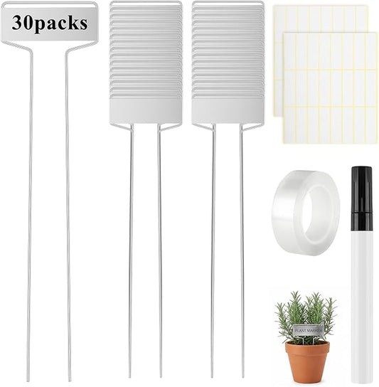 Greaner 10 Inch High Plant Tags, 30 Packs Garden Markers Waterproof with Permanent Pen and Rainproof Pet Films, Metal Plant Labels for Potted Plants Flowers Herbs Vegetables(2.6" x 10", Silver)