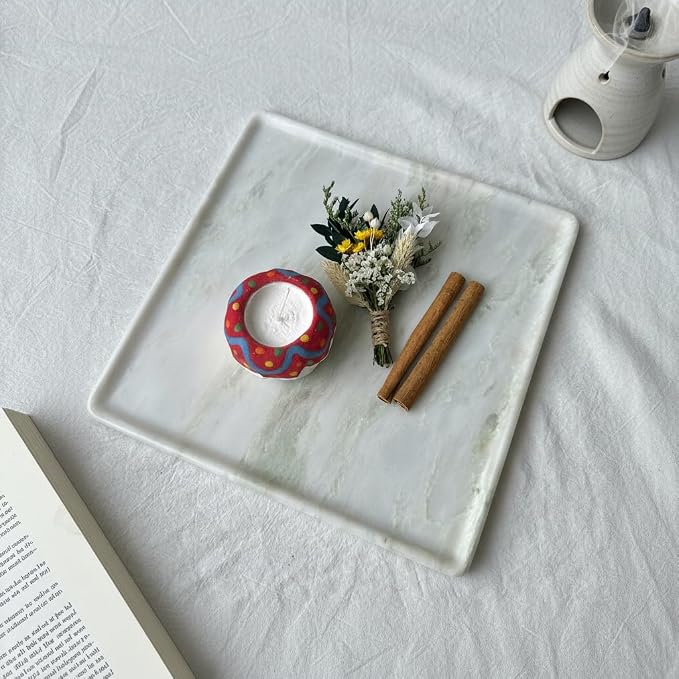Real Natural Marble Tray 10.2in Square Solid Stone Decorative Plate | Luxury White Marble Decor Tray for Candle, Jewelry, Plant. Food-Safe Solid Stone Serving Dish with Unique Veining