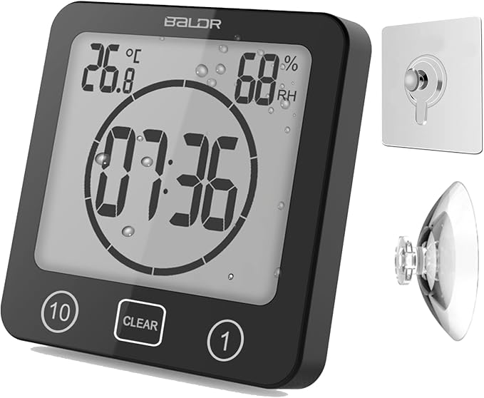 Digital Timer Waterproof Wall Clock, Kitchen Countdown Timer, Shower Clock with Temperature Humidity, Mirror Suction Cup Bathroom Timer, Wall Hanging for Bath Spa Basement Swimming Pool (Black)