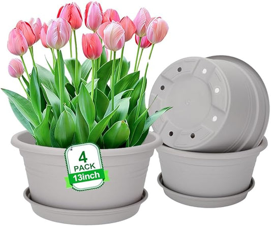 MRPAPA Round Plastic Pots for Plants, Outdoor Planters with Drainage Hole & Tray Saucer, Decoration Large Flower Pots for Indoor Outdoor Garden Home Plants (4, Gray White, 13 Inch)