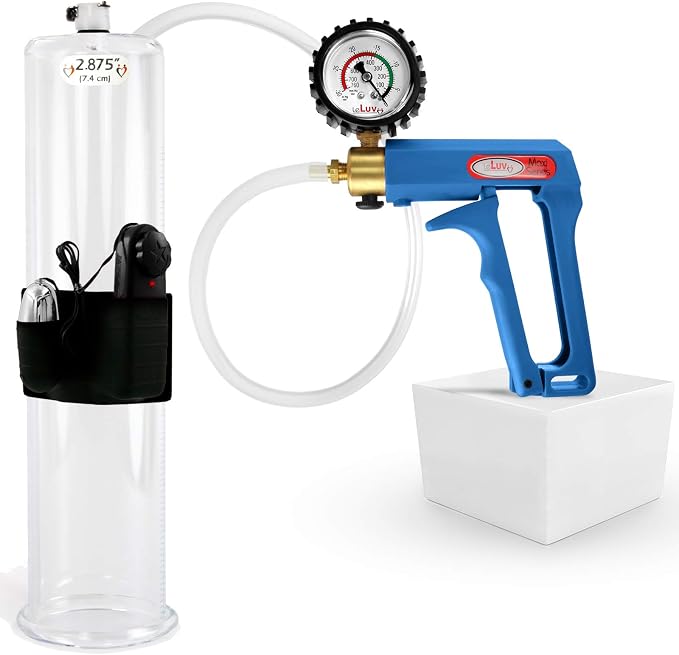 LeLuv Vibrating Penis Pump Maxi Blue Handle + Protected Gauge - Bundle with Clear Hose - 12 inch Length x 2.875 inch Diameter Cylinder