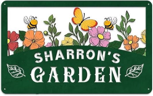 MeMate Floral Garden Plaque, Custom Name Metal Sign for Mom Grandma, Rustic Decor for She Shed