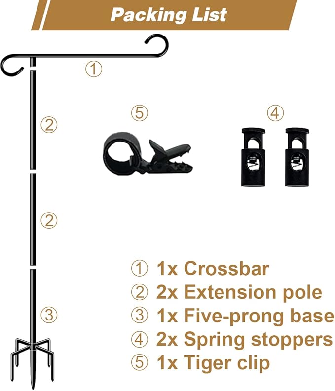 51 Inch Tall Garden Flag Stand Holder with 5 Prong base, Yard Flag Pole Holder for 12x18 Outdoor Small Flag Decor with Two Spring Stoppers and a Tiger clip, 1 Pack