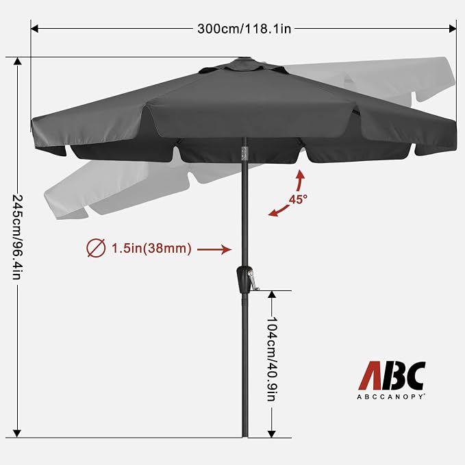 ABCCANOPY 10FT Patio Umbrella Outdoor Garden Table Umbrella Market Umbrella with Tilt Adjustment and Crank Lift System, 8 Ribs,12+Colors,Iron Gray