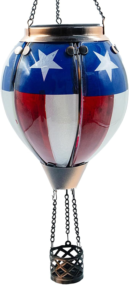 Glass Solar Hot Air Balloon Lantern with Flame Hanging Garden Flickering Light Outdoor Waterproof for Yard Patio Tree 4th of July Decorations, Flag-C