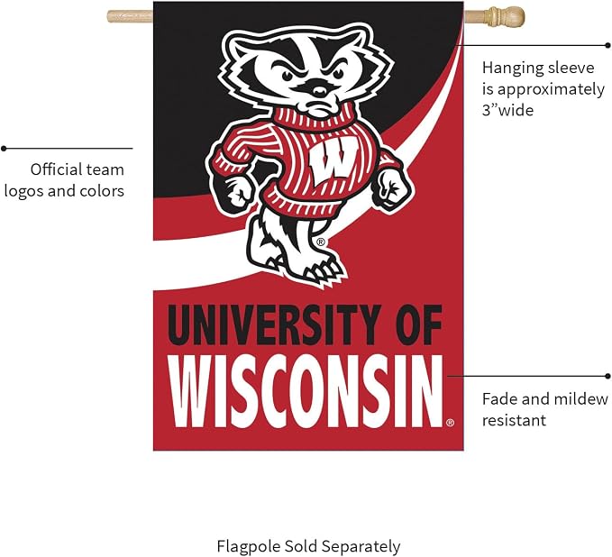 NCAA University of Wisconsin-Madison House Flag, 28 x 44, Double Sided Garden Flags for Outside, Outdoor College Flags & Banners for Gardens Patio, Indoor Wall Decor Flag for Room
