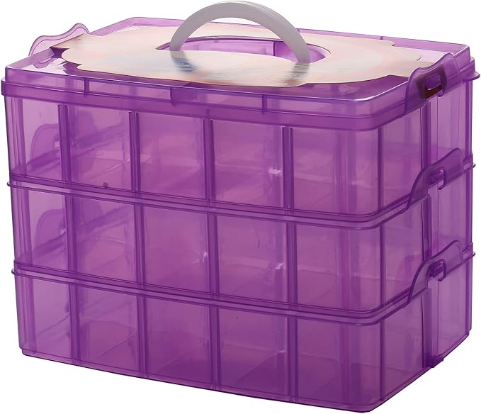 Sooyee 3-Tier Bead Organizer, Stackable Craft Storage Containers with 30 Adjustable Compartments for Washi Tape, Toy, Hair Accessories, Art Supplies, Fishing Tackle, Purple, 10"L x 6.7"W x 7"H