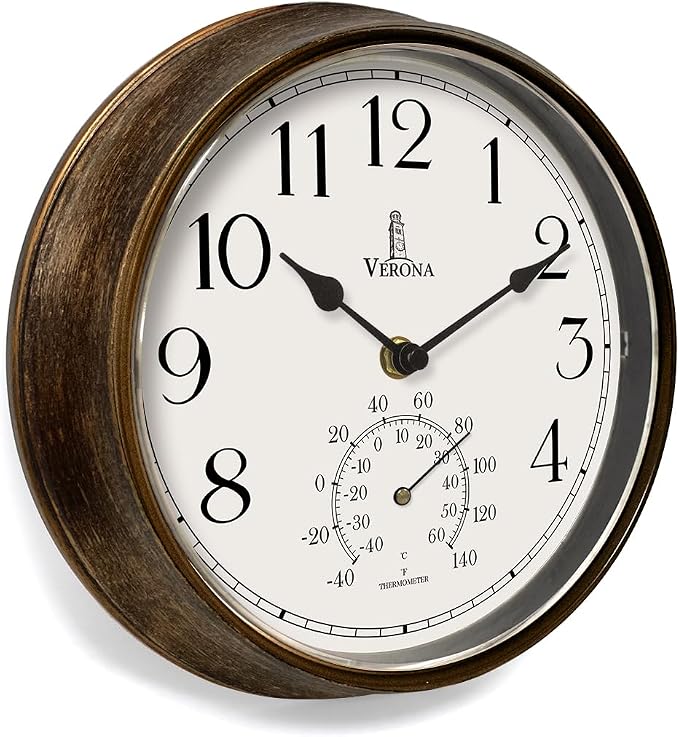 Outdoor Clocks for Patio Waterproof with Thermometer — 9.5 Inch Indoor Outdoor Wall Clock with Temperature Display — Weatherproof, Accurate & Easy to Read for Pool, Garden & Home Decor