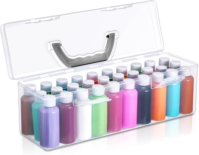Threehoney 1 Pcs Acrylic Paint Storage Box for 2 Fl. oz Acrylic Paints, Portable Craft Art Organizer with Handle, 30 Bottles Capacity Plastic Art Supply Clear Boxes (Black)