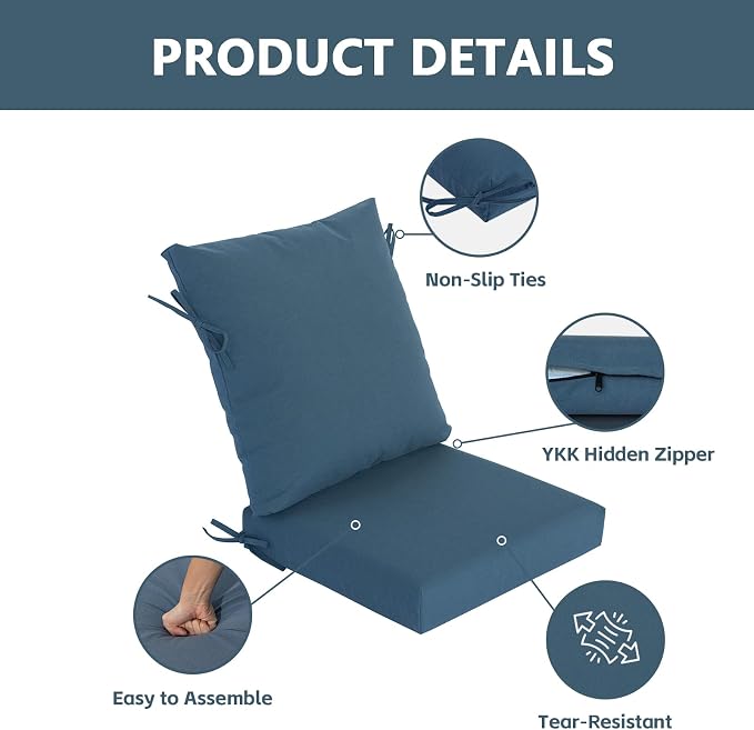 Goodgoods 20 x 42 Outdoor Patio Chair Cushion 2-Pack, 1000+Hours Fade-Resistant & Water-Resistant Furniture Chair Cushions with 35D High-Resilience Foam for Dining Chairs, Couch, Sofa, Light Blue
