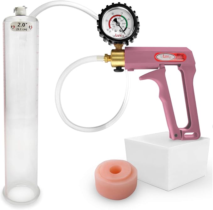LeLuv Penis Pump Maxi Pink Nylon Handle + Protected Gauge - Bundle with Clear Hose, Silicone Donut Seal - 12 inch Length x 2 inch Diameter Cylinder