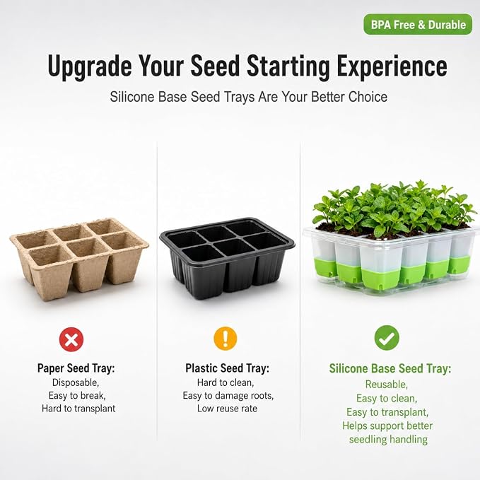 Seed Starter Tray,5-Pack Reusable Silicone Seed Starter Tray with 5 Base Trays,Foldable Design for Easy Transplanting,Indoor Gardening Supplies for Vegetables, Flowers & Herbs,60 Cells Total