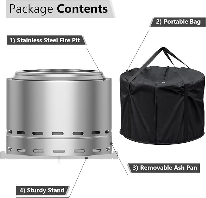 ROOMTEC 19.5" Smokeless Fire Pit, Portable Wood Burning Firepit with Stand and Bag, Easy Clean Bonfire with Removable Ash Pan, Low Smoke Fireplaces for Camping, Patio and Outside