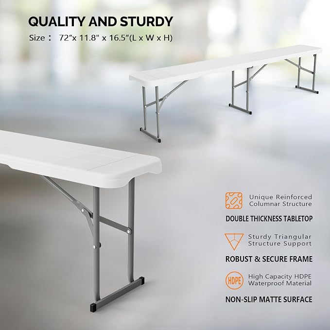 VINGLI 6 feet Plastic Folding Bench,Portable in/Outdoor Picnic Party Camping Dining Seat, Garden Soccer Multipurpose Entertaining Activities, Smooth HDPE Tabletop (1, White, 6ft)