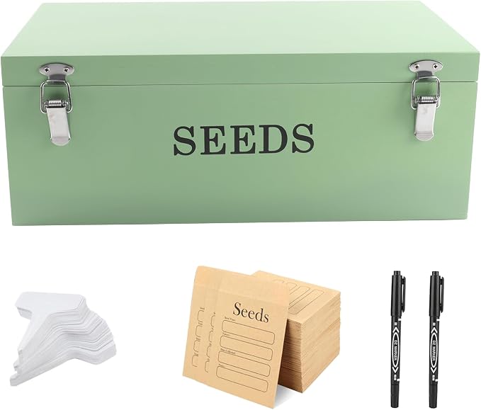 Seed Storage Organizer with 2 Dividers,Wooden Seed Saving Box with Lid, Seeds Bin Storage Container Kit with 2 Pens,12 Slots and 50 Seeds Envelopes, Perfect for Flower Plants Garden
