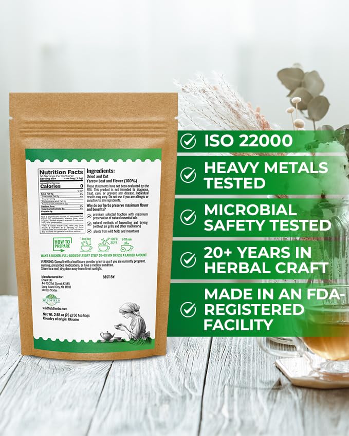 50 Bags Yarrow Herb Dried Yarrow Leaf & Flower Herbal Tea (Achillea Millefolium Tea) - 50 Count 1.5g Bags Herb Tea Milenrama Hojas