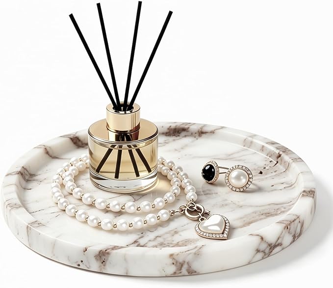 Natural Round Marble Tray - 7.8” Marble Perfume Tray for Dresser, Vanity, Bathroom, Decorative Jewelry Dish for Rings Earrings Necklaces, Stone Tray for Home Décor, Calacatta