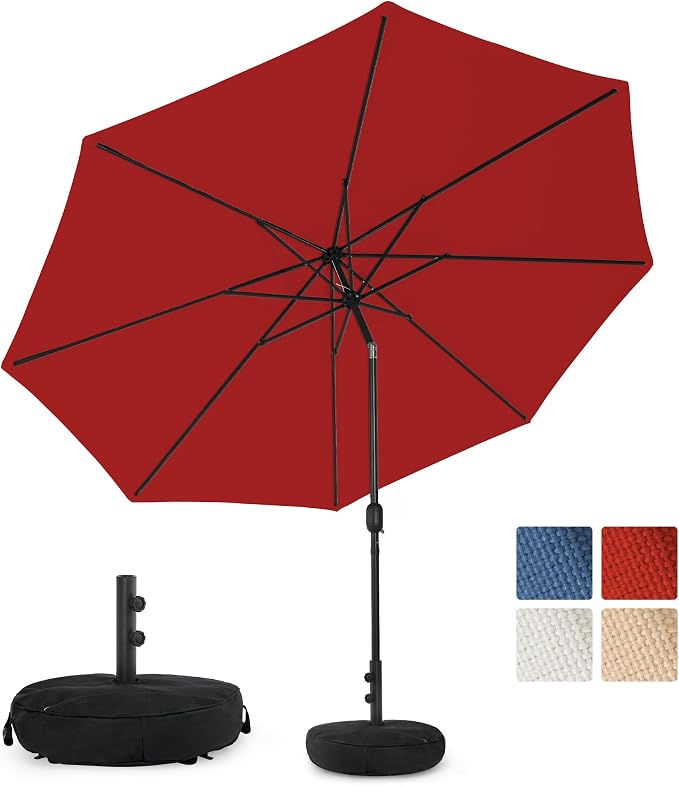 Sundale Outdoor Olefin 5-Year-Non-Fading Patio Umbrella with Sand Bag Base, Outdoor Umbrella with Tilt and Crank, Red
