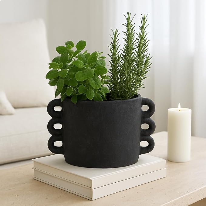 Pottery Arch Handle Planter for Home Decor - Decorative Flower Pot for Living Room Decor, Shelf Accent, and Patio Areas - Indoor and Outdoor Pot for Plants or Plant Stand Indoor - 8", Black