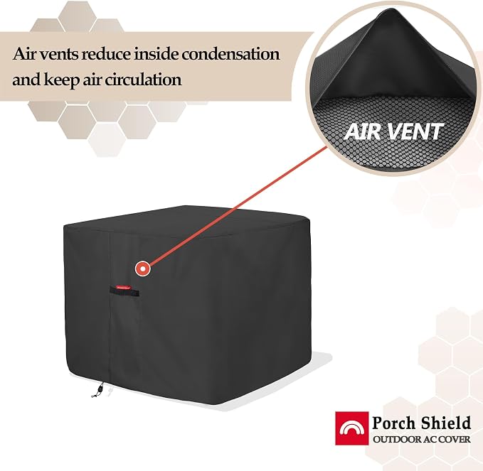 Porch Shield Waterproof AC Covers – Heavy Duty Square Air Conditioner Cover for Outside Unit Up to 34''L x 34'' x 30'', Black