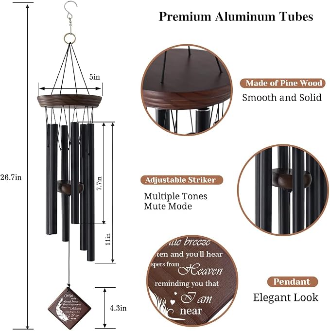 ASTARIN Memorial Wind Chimes for Outside, Sympathy Gift for Loss of Loved One, 28.3 Inch Black Aluminum Wind Chime with Pine Wood and Double-Sided Printed Wind Sail