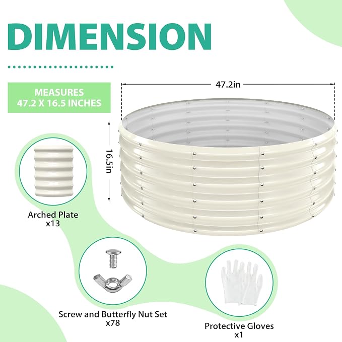 YSEJOMP 17" Tall Round Outdoor Garden Raised Garden Bed Kits-0.8MM Thick Metal Raised Planter Bed/Ground Planter Box for Variety of Flowers,Herbs,Vegetables,Trees (Cream White, 48 Dia X 16.5inches)