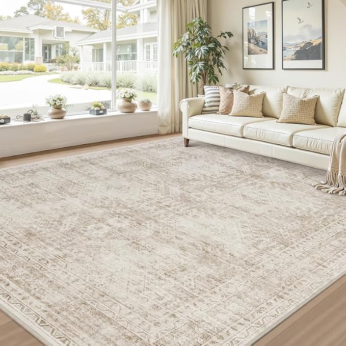 Area Rugs 9x12 Living Room: Bedroom Neutral Washable Carpet Brown | Vintage Boho Soft Small Indoor Decor Floor Non-Slip Low Pile Neutral Farmhouse Entryway Laundry Bathroom Bedroom Beside Rugs