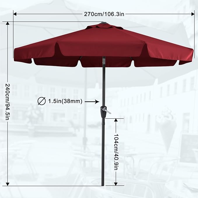 MASTERCANOPY 9ft Patio Umbrella with Valance, Crank and Tilt – 8 Ribs Outdoor Market Umbrella, UV/Fade Resistant, Waterproof Canopy with Wind Vent for Garden, Deck, Backyard, Pool (Burgundy)