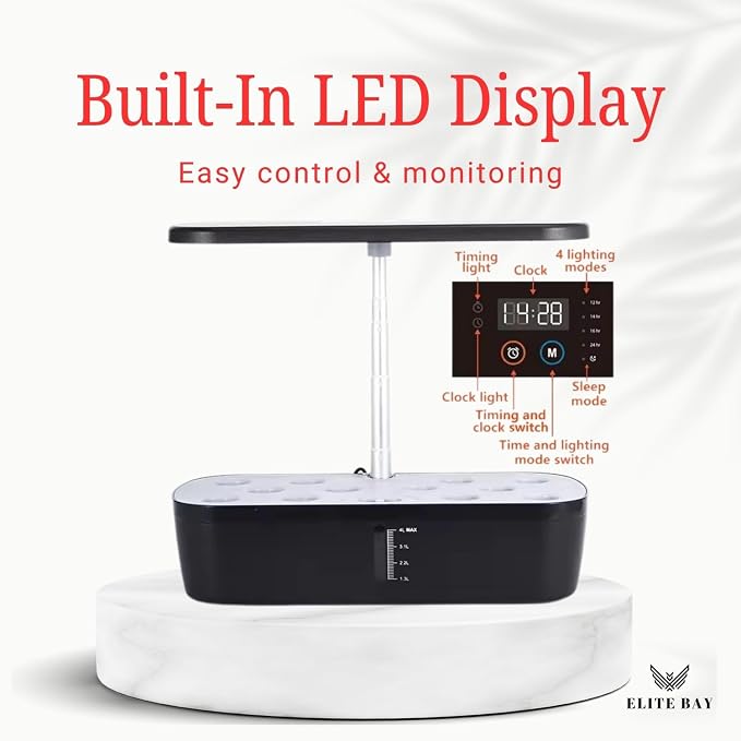 Hydroponic Growing System, 12 Pods, Black | Smart Garden with LED Display, Full-Spectrum Grow Light, 4L Water Tank, AU/US Plug, Soil-Free Planter Kit