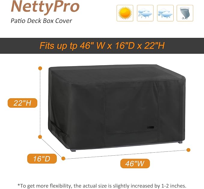 NettyPro Deck Box Cover Outdoor Waterproof Storage Bench Cover for Rectangular Deck Box, 46 x 16 x 22 inch, Black