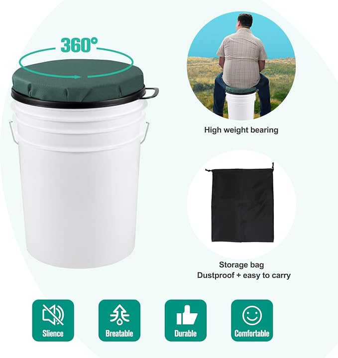 5 Gallon Bucket Seat, 360-Degree Swivel Seat Foam Cushion Bucket Seat Lid with Waterproof Cover for Dove Duck Hunting, Fishing, Baseball, Gardening and Camping