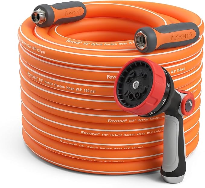 FEVONE Heavy Duty Garden Hose 75 ft, Spray Nozzle Included | Flexible Water Hose, Leak-Free, Lightweight Hybrid Polymer, 5/8 ID, 600 PSI, 3/4 GHT Aluminum Fittings with Swivel Handles