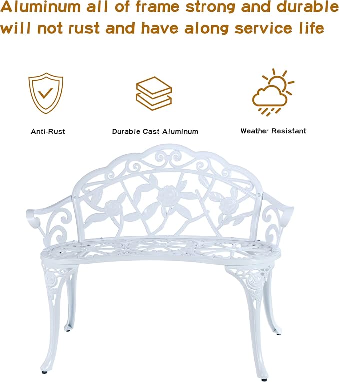 YKSY&YKSY Patio Garden Bench Metal Park Bench Cast Aluminum Outdoor Furniture with Floral Rose for Patio,Park,Lawn,Yard (White)