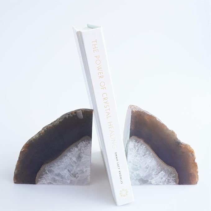 Natural Agate Geode Bookends - 4 to 5 lb Heavy Duty Rock Crystal Stone Book Ends for Shelves, with Rubber Bumpers, Decorative Book Holders for Home Office