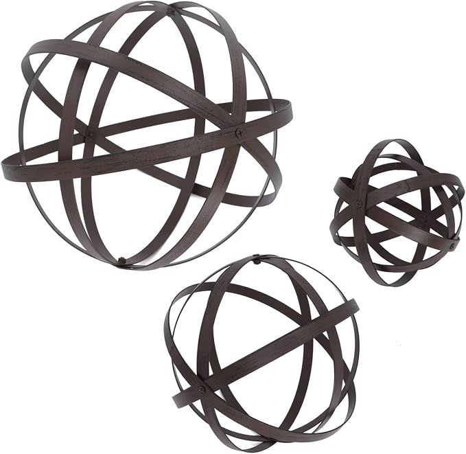 Kunjocy 3 PCS Garden Spheres Balls Assorted Size Distressed Metal Band Decorative Sphere Folding Orbs Sculpture for Outdoor Indoor Decorations 7" 10" 12" Diameter (Rusty)
