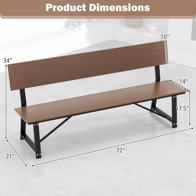 Giantex 72 Inches Outdoor Bench with Weatherproof HDPE Backrest & Seat, Heavy Duty Metal Frame, 1100 Lbs Capacity, Park Bench for 4-Person, Lawn, Porch, Deck, Patio (2, Brown)