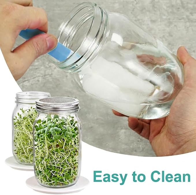 4 Pack Wide Mouth Sprouting Jar Kit, Lids, Stands, Trays & Cleaning Brushes | Glass Jar Set with with Stainless Steel Strainer Lids, Stand & Drip Tray (Seeds Not Included) – Easy to Rinse & Drain