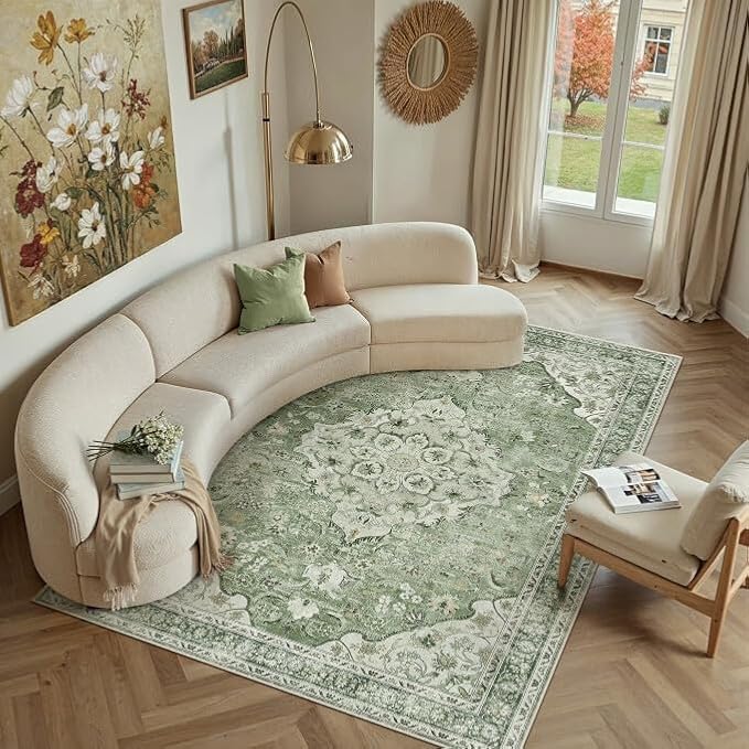 Sage Green Area Rug 9x12 Living Room Vintage Non-Slip Carpet | Machine Washable, Soft, Low Pile, Distressed, Large for Bedroom, Dining Room, Office, Retro Farmhouse Decor
