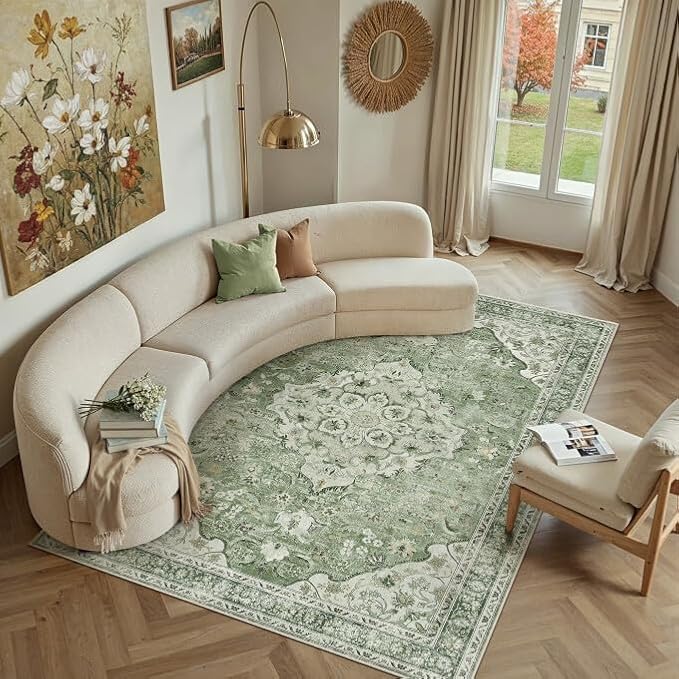Sage Green Area Rug 8x10 Living Room Vintage Non-Slip Carpet | Machine Washable, Soft, Low Pile, Distressed, Large for Bedroom, Dining Room, Office, Retro Farmhouse Decor