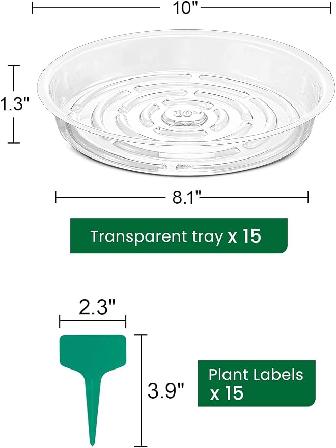 GROWNEER 15 Packs 10 Inches Clear Plant Saucers Flower Pot Trays, with 15 Pcs Plant Labels, Plastic Plant Saucer Drip Trays for Indoor Outdoor Plants Garden