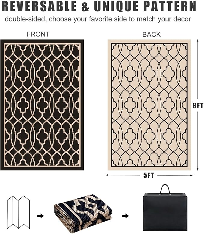 Pendolr 5’x8’ Outdoor Rug Waterproof Carpet Patio Rug Outdoor Plastic Straw Rugs Camping Rug Reversible Outside Outdoor Area Rug for Balcony Deck Backyard RV Picnic Beach Black&Beige 01#