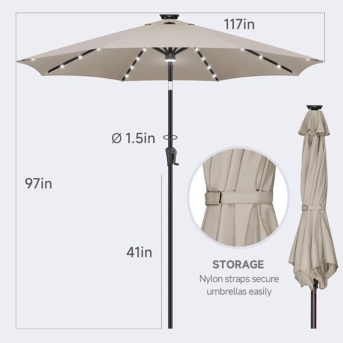 FLAME&SHADE 10 FT Solar Light Patio Umbrella, 40 LED Lights Outdoor Umbrella with Centre Surround Light, Table Market Umbrella for Deck, Pool, Porch, Backyard, Garden, UV Protection, Taupe