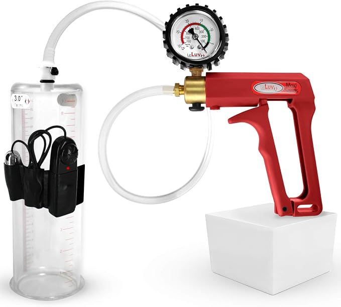 LeLuv Vibrating Penis Pump Maxi Red Handle + Protected Gauge and Clear Hose - 9 inch Length x 3 inch Diameter Cylinder