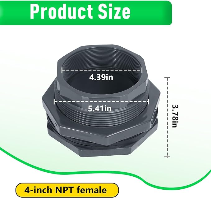 4 Inch PVC Bulkhead Fitting, PVC Bulkhead Fitting for Pools, Rain Barrels, Aquariums, Water Tank