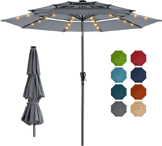 HOMSHADE 3-Tier Patio Umbrella with Solar Lights(Grey,No Base) | 5-Year Fade Resistant;32 LED Lights;Windproof;8 Thicker Ribs;UPF50+;Pool Garden Deck