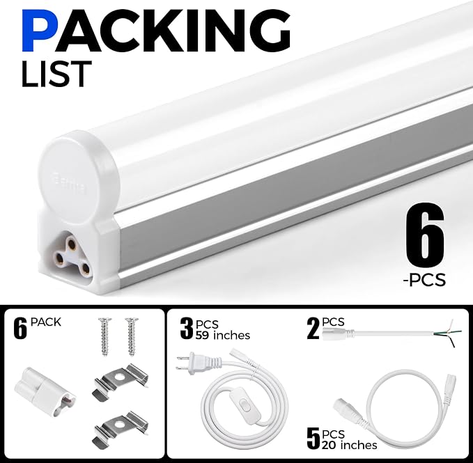 Barrina 6 Pack LED T5 Integrated Single Fixture 1FT, 600lm, 5W, 6500K, Linkable Under Cabinet Lighting, Shop Light for Workbench, Room, Kitchen Tube Light, Garage, Corded Electric with ON/Off Switch