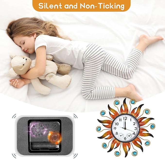 Sun Outdoor Clock with Thermometer and Hygrometer Combo, Silent No-Ticking Outdoor Wall Clock, Waterproof Quartz Clock for Patio, Living Room, Kitchen, Garden, 13 Inch | Silent No-Ticking, Easy to Read, Quartz Clock Waterproof, Decor for Patio, Living ...